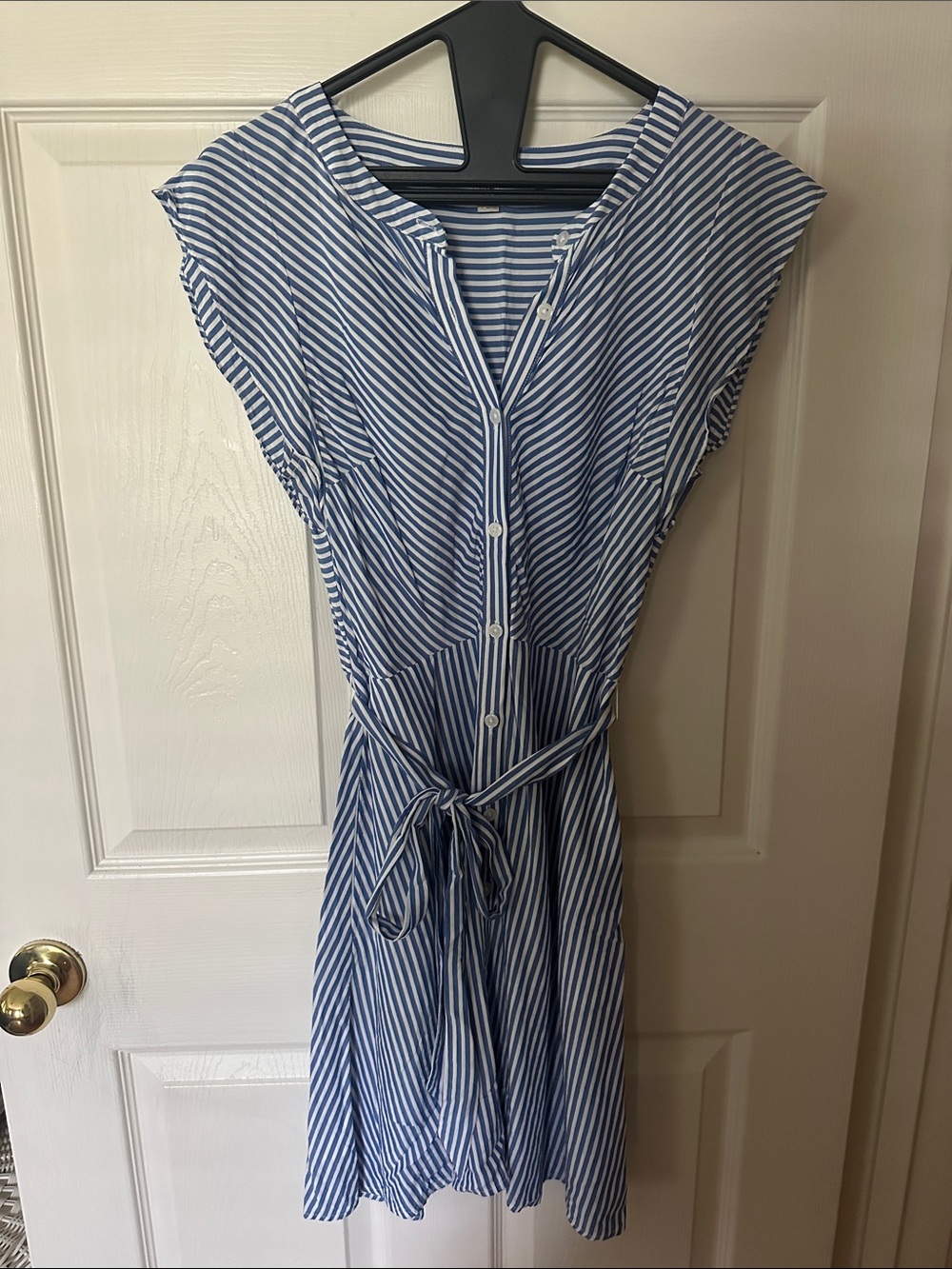 LOFT - Blue & White Striped Button-Front Tie-Waist Midi Dress - Size 2